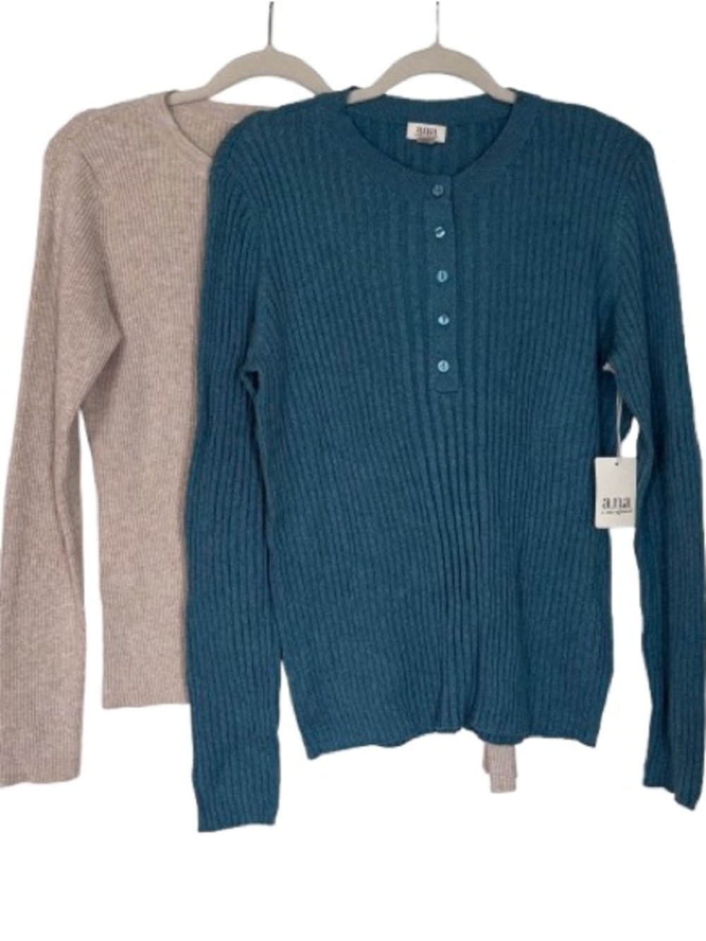 a.n.a Pair of Two Ribbed Sweaters - Teal Blue and Oatmeal - NWT Large